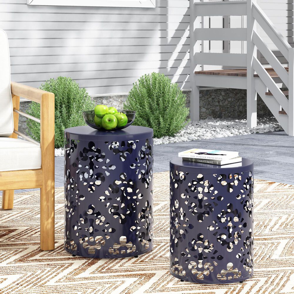 Hearth and Haven Outdoor Side Table with Floral Pattern in Navy Blue (Set of 2), , large