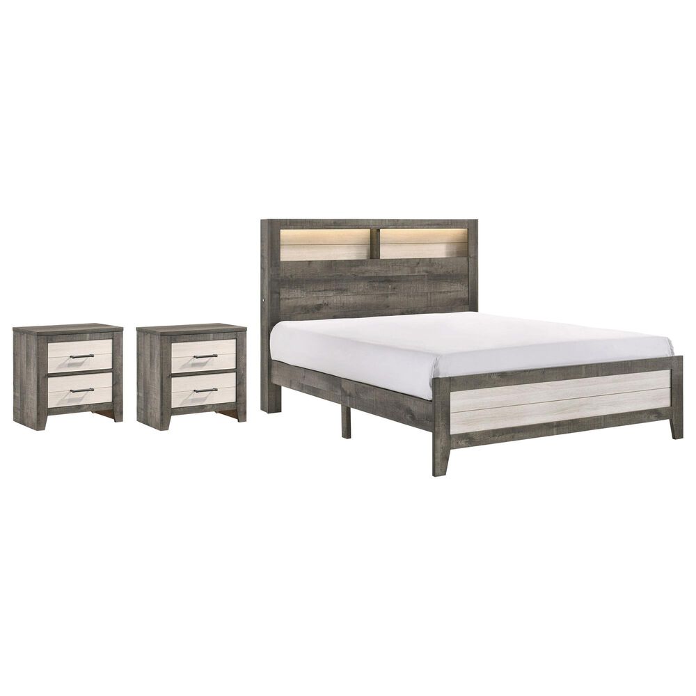Crown Mark Rhett 3-Piece King Platform Bedroom Set with Two Nightstands in Gray and White, , large