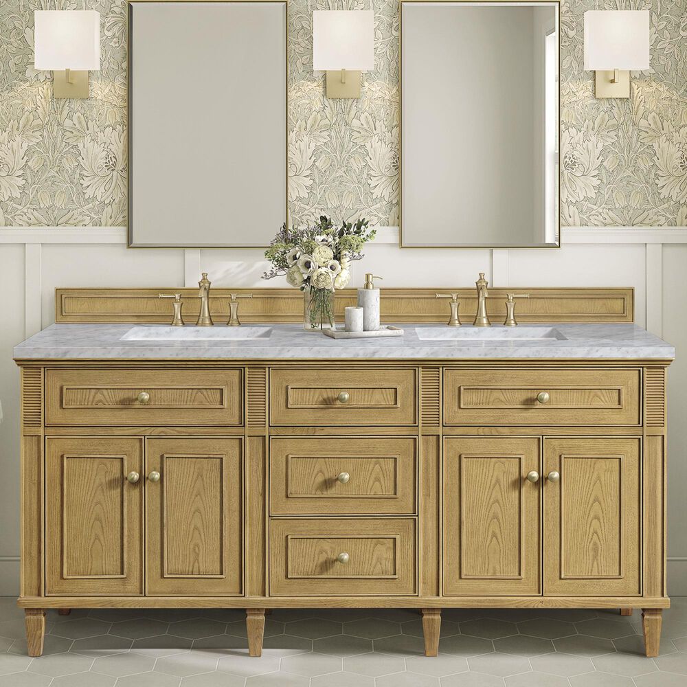 James Martin Vanities Lorelai 72&quot; Double Vanity in Light Natural Oak with 3 cm Carrara White Marble Top, , large