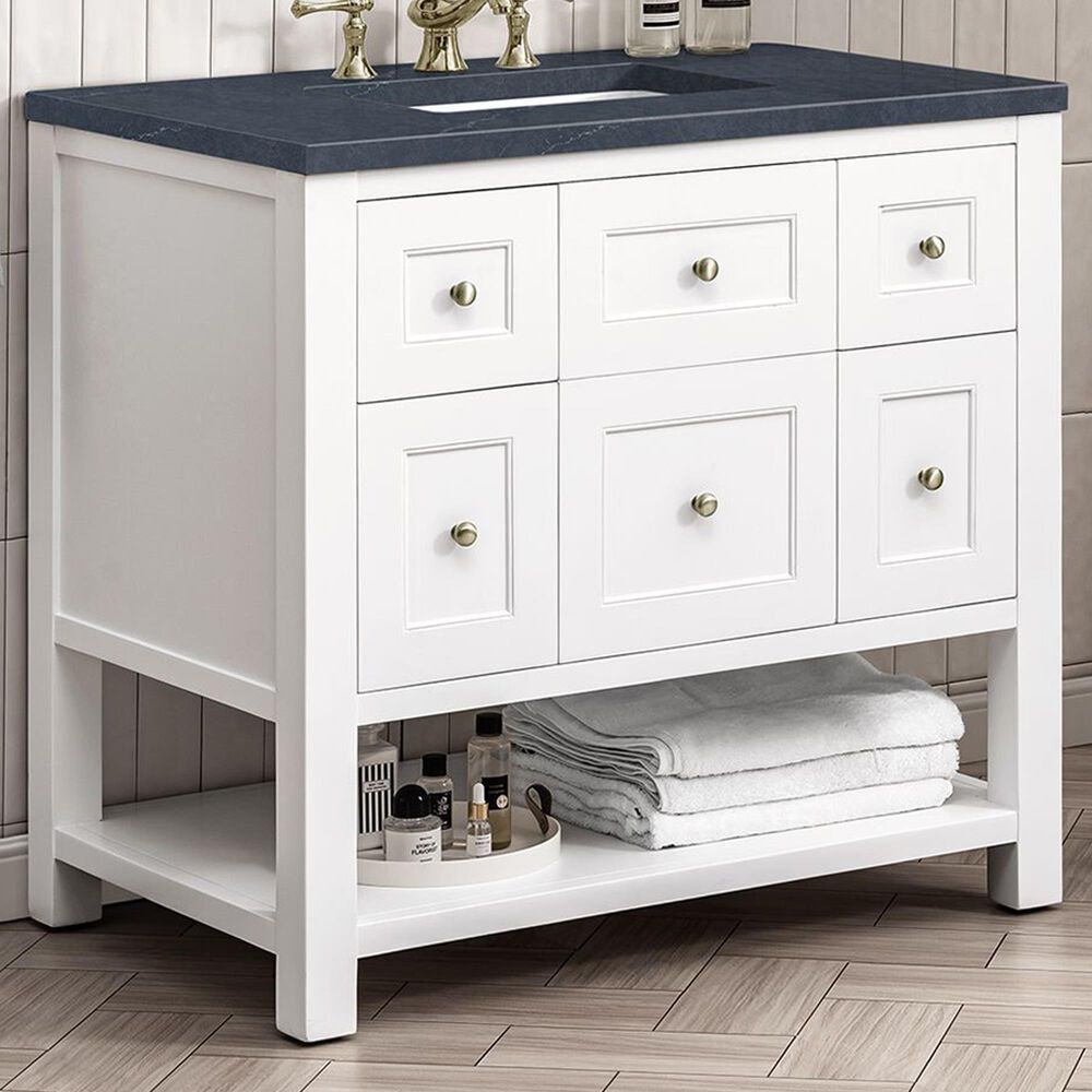 James Martin Vanities Breckenridge 36" Single Bathroom Vanity in Bright White with 3 cm Charcoal Soapstone Quartz Top and Rectangular Sink, , large