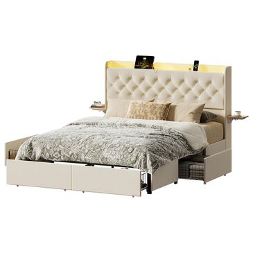 HOMLUX Queen Upholstered Platform Storage Bed in Beige, , large