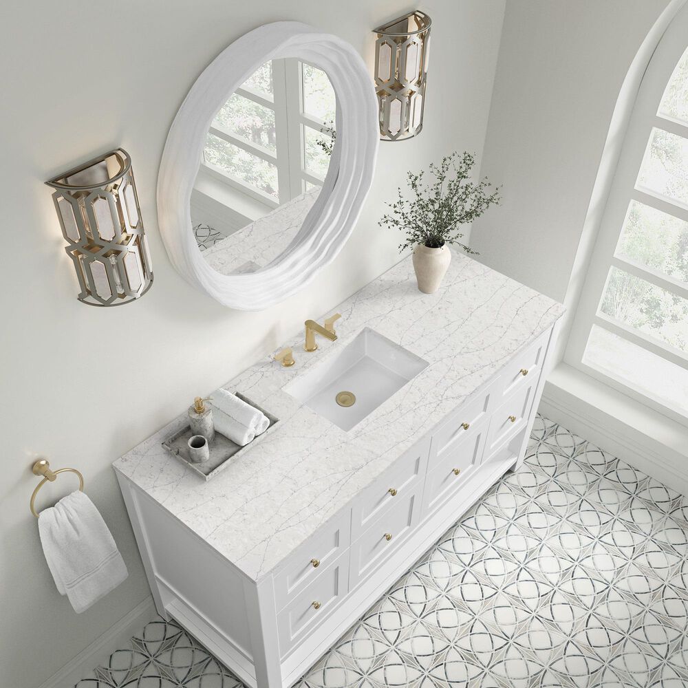 James Martin Vanities Breckenridge 60" Single Bathroom Vanity in Bright White with 3 cm Eternal Jasmine Pearl Quartz Top, Rectangular Sink and FreePower Wireless Charger, , large