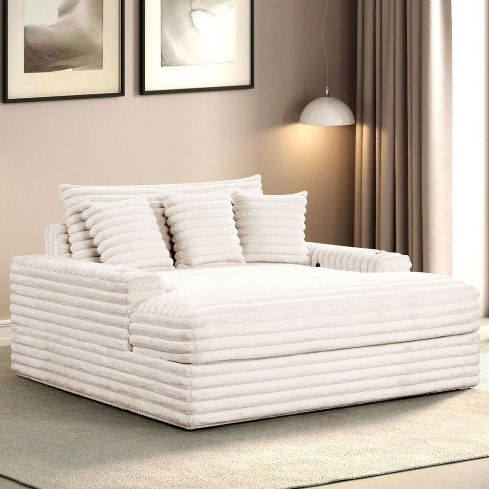 Furniture of America Tavedestrand Oversized Chaise Lounger with Cupholders and USB Ports in White, , large