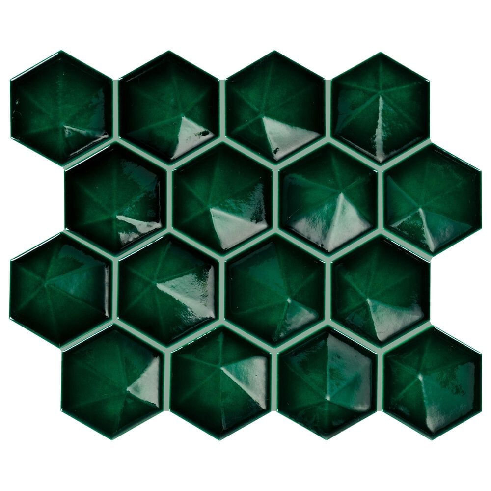 Dal-Tile Artefino Jewel Emerald 3" Pyramid Hexagon Apex on 11" x 12" Porcelain Mosaic Sheet, , large