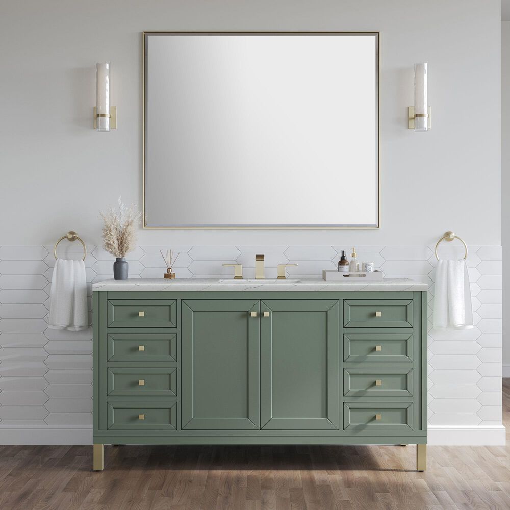 James Martin Vanities Chicago 60" Single Bathroom Vanity in Smokey Celadon with 3 cm Ethereal Noctis Quartz Top, Rectangular Sink and FreePower Wireless Charger, , large