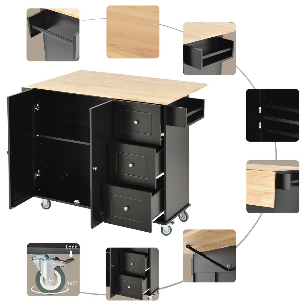 HOMLUX 53" Rolling Mobile Kitchen Island with Solid Wood Top and Locking Wheels in Black, , large