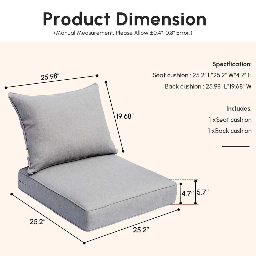 HOMLUX 25" x 25" Outdoor Seat Cushion and Back Cushion Set in Light Gray, , large