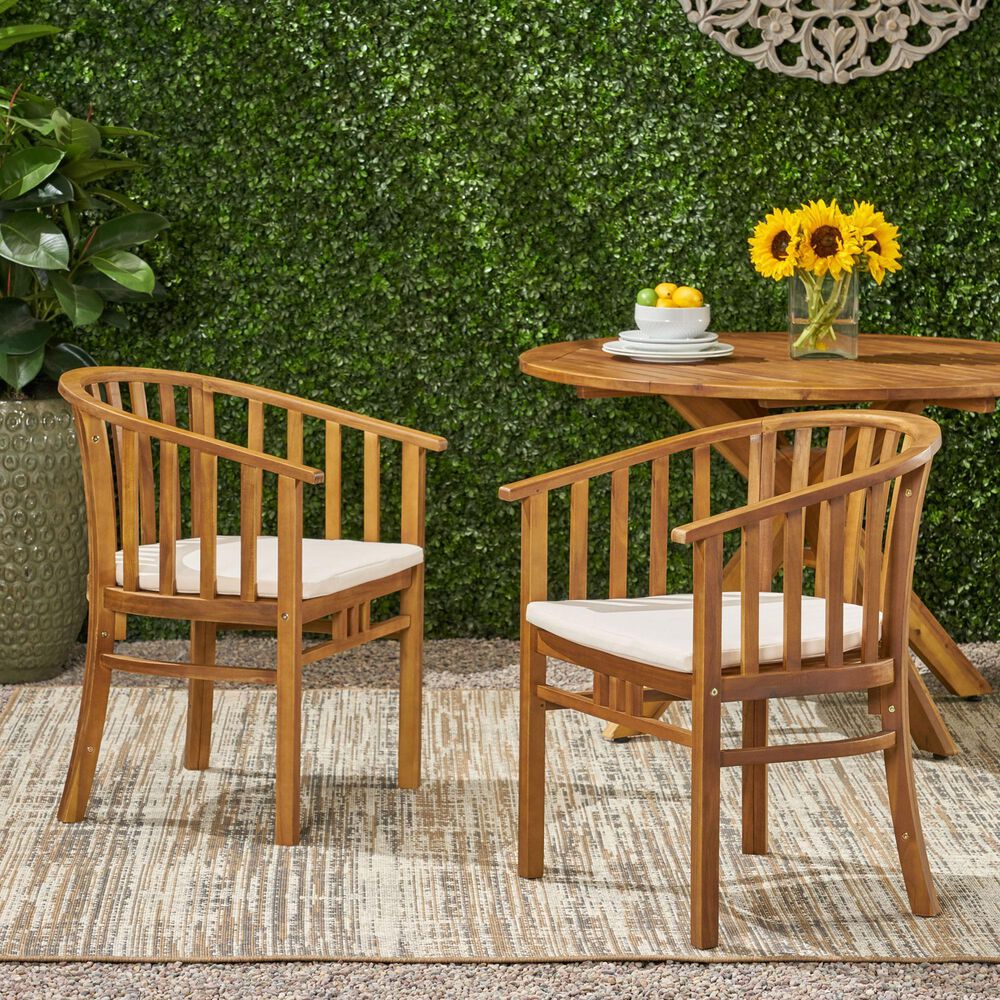 Hearth and Haven Outdoor Dining Chair with Cream Cushion in Teak (Set of 2), , large