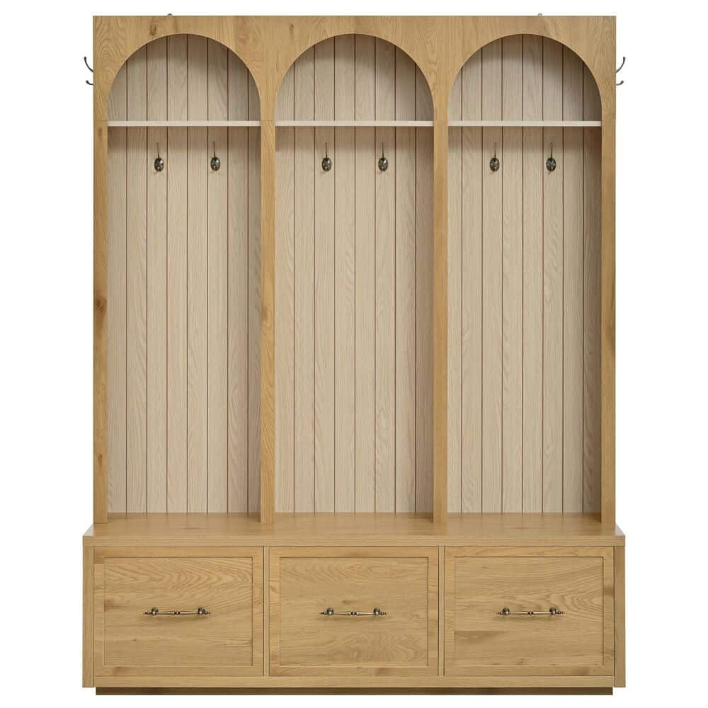 GigaCloud Wooden Hall Tree with Arched Design and Drawers in Natural and Oak, , large