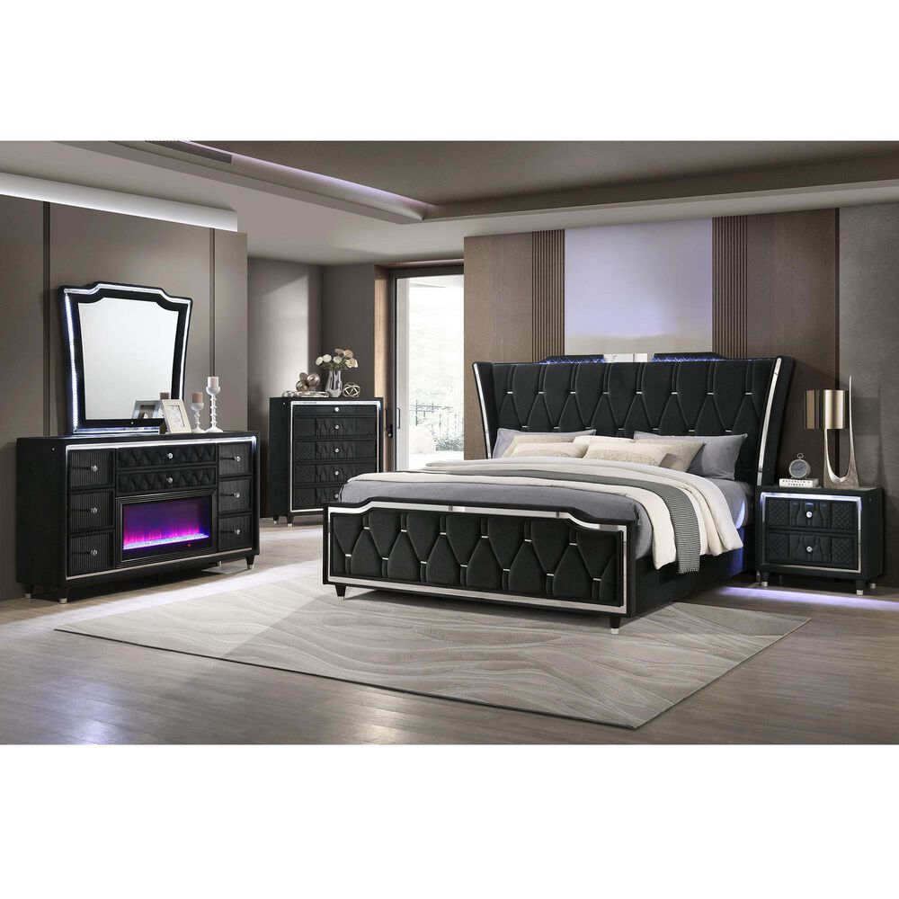 Pacific Landing Lorient 5 Piece King Wingback Bedroom Set with Flame Effect in Black Velvet, , large