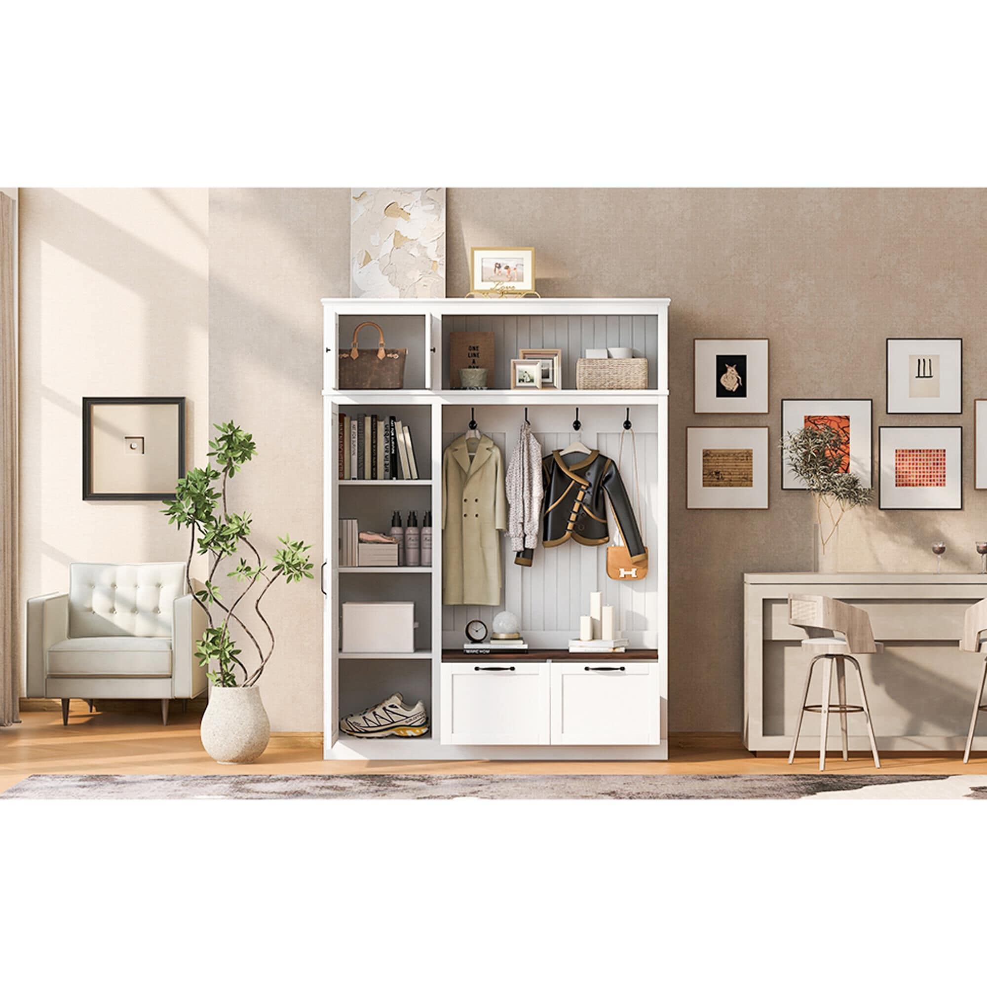 GigaCloud 3-in-1 Hall Tree with 2 Drawers and Seat Bench in White