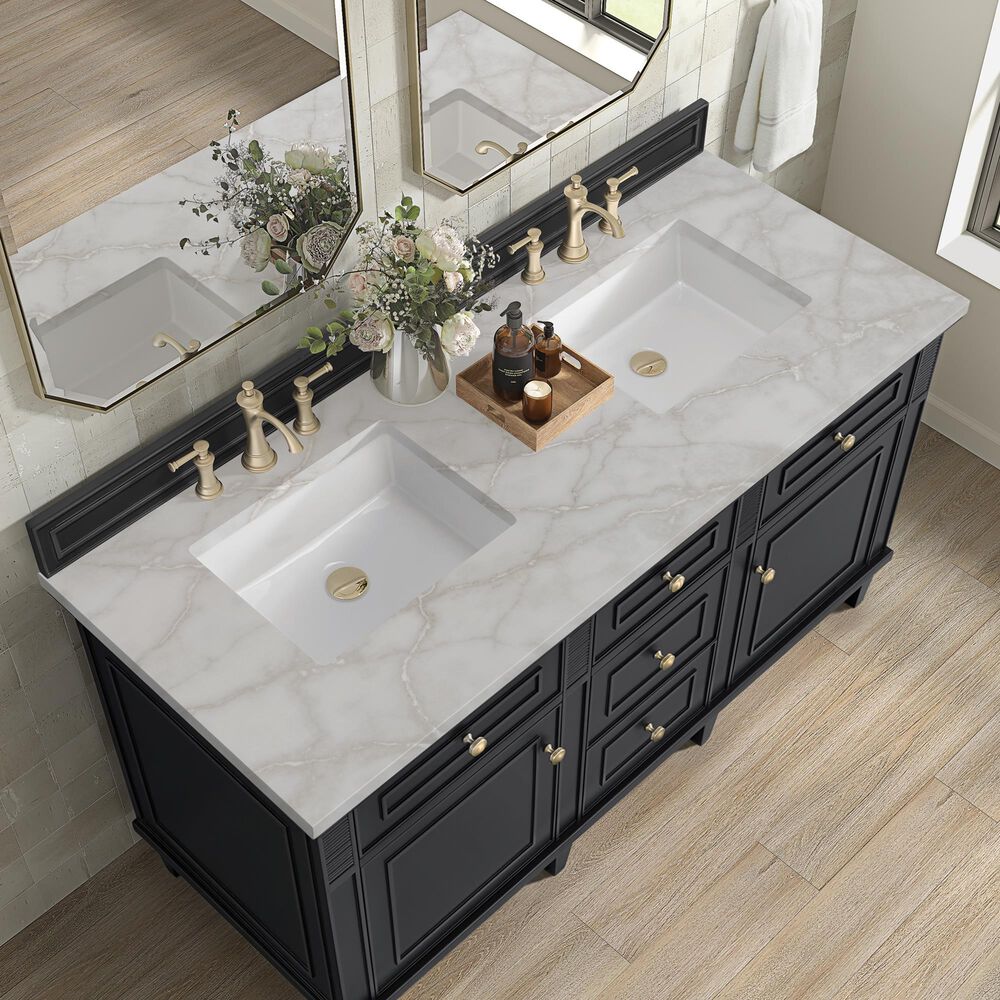 James Martin Vanities Lorelai 60" Double Bathroom Vanity in Black Onyx with 3 cm Eternal Jasmine Pearl Silestone Top, Rectangular Sinks and FreePower Wireless Charger, , large