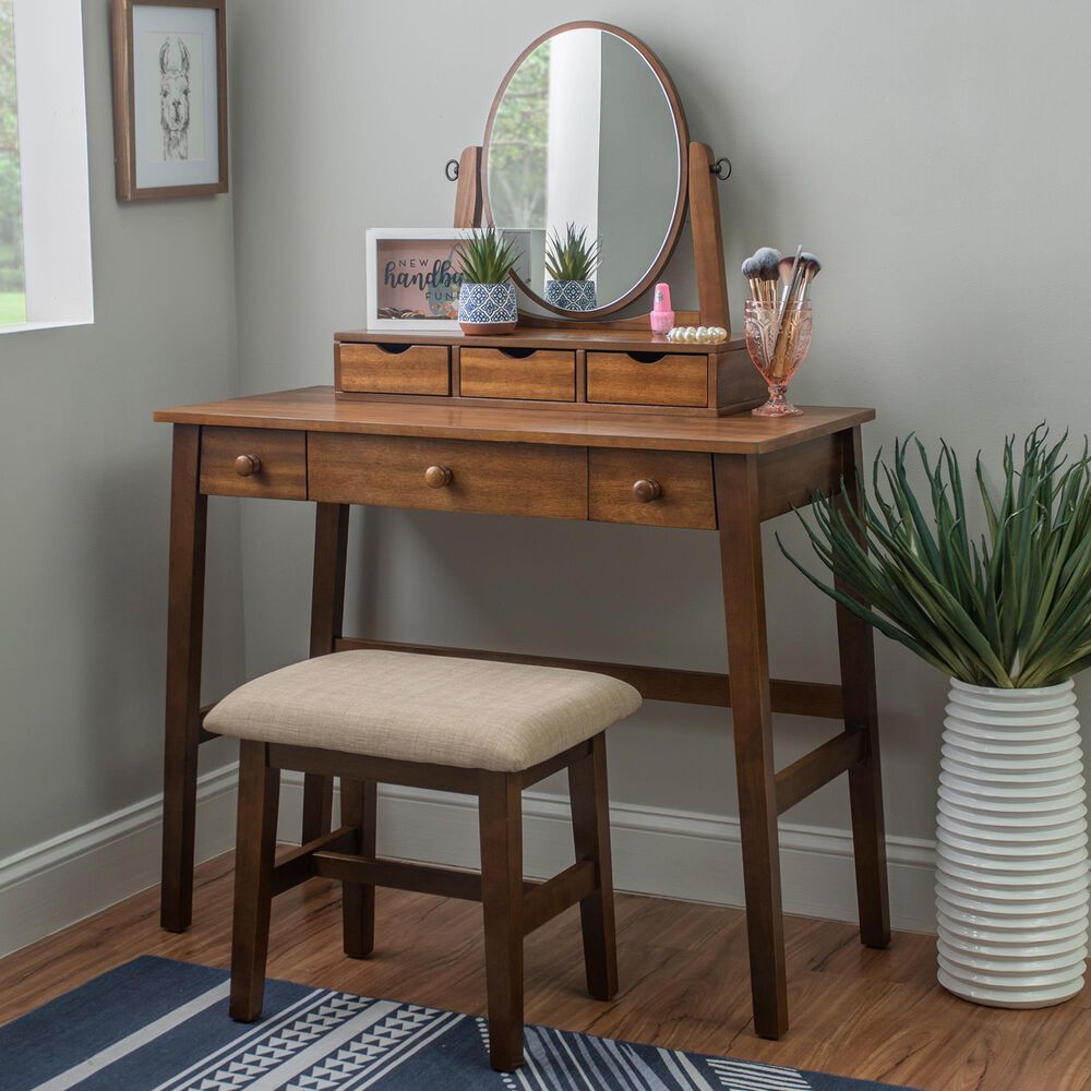 Linon Home Decor Lorna Vanity with Stool in Walnut, , large