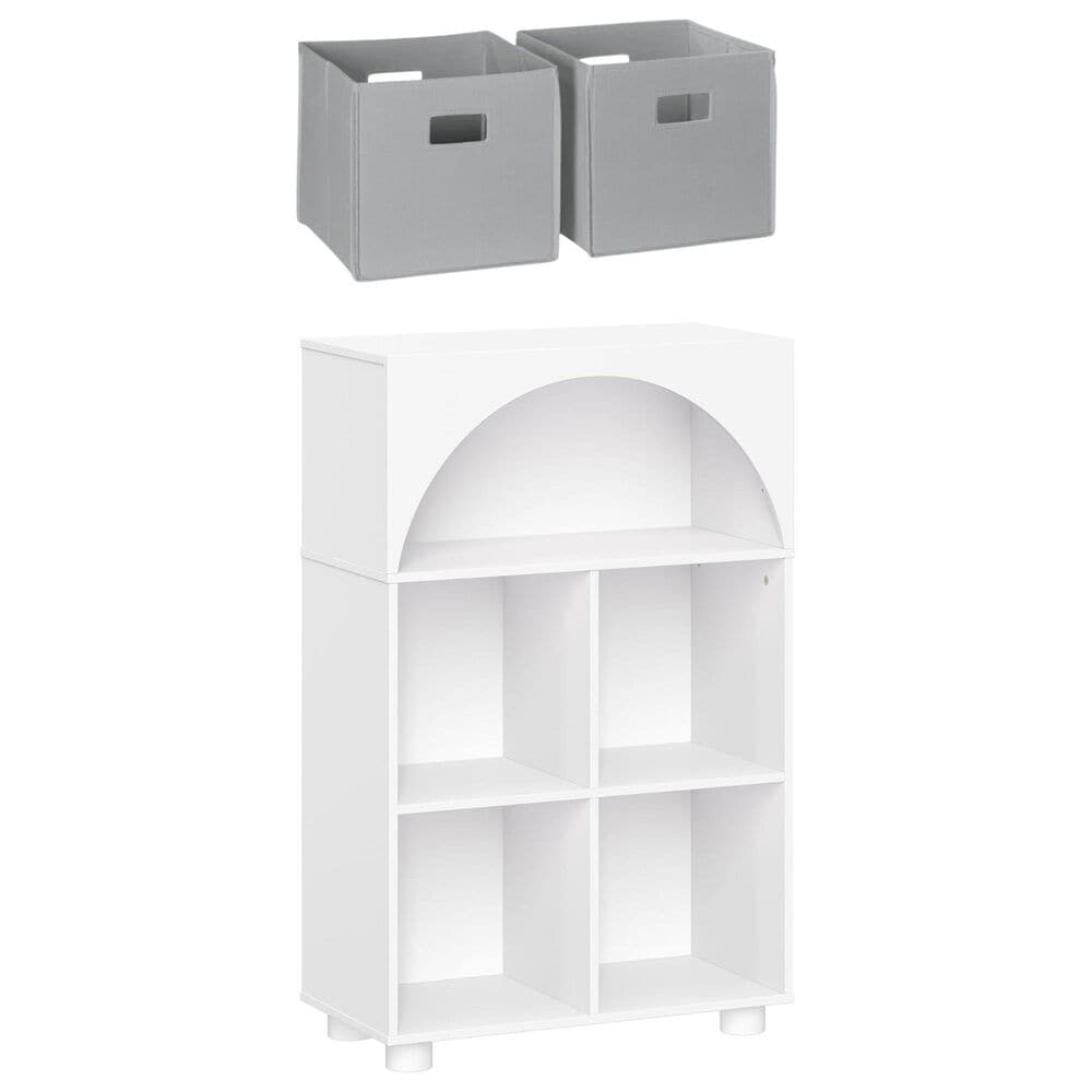 RiverRidge Home Kids Curve Appeal 23" 4-Cubby Bookcase with 2 Gray Bins in White, , large