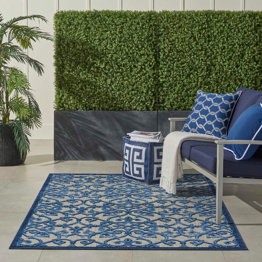 Nourison Aloha Damask 5&#39;3&quot; x 7&#39;5&quot; Grey and Blue Indoor/Outdoor Area Rug, , large