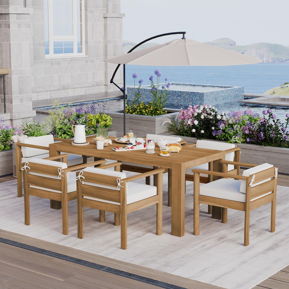 Hearth and Haven 7-Piece Outdoor Dining Set with Beige Cushions in Light Teak, , large