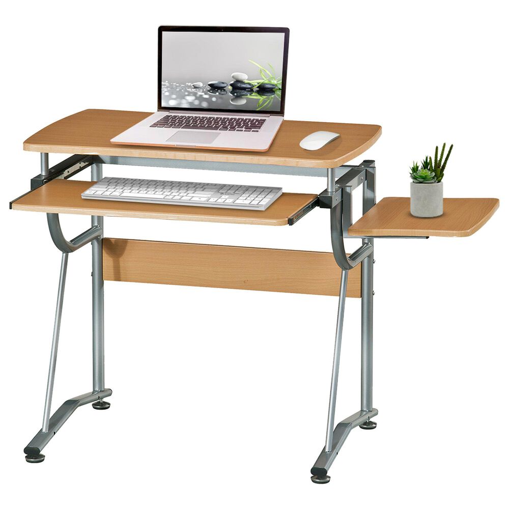 Rta Products Llc Compact Computer Desk with Side Shelf and Keyboard Panel in Cherry and Silver, , large