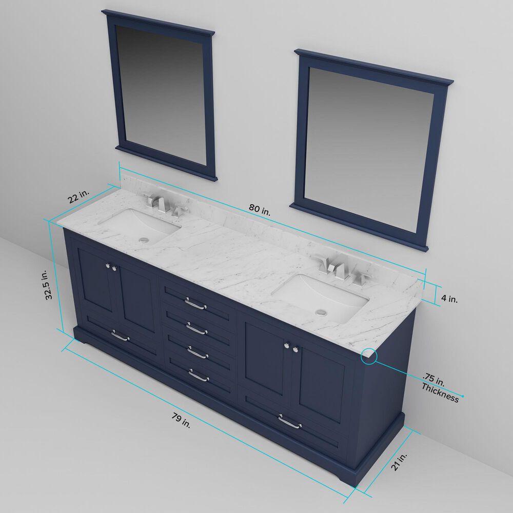 Lexora Home Dukes 80" Double Bathroom Vanity in Navy Blue with 2 cm White Cultured Marble Top and Rectangular Sinks, , large