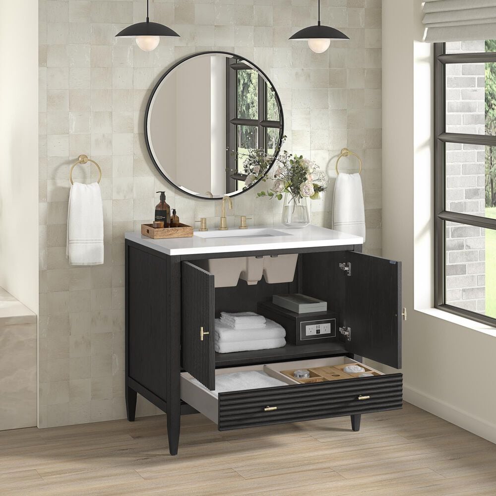 James Martin Vanities Myrrin 36&quot; Vanity in Carbon Oak with 3 cm White Zeus Quartz Top, , large