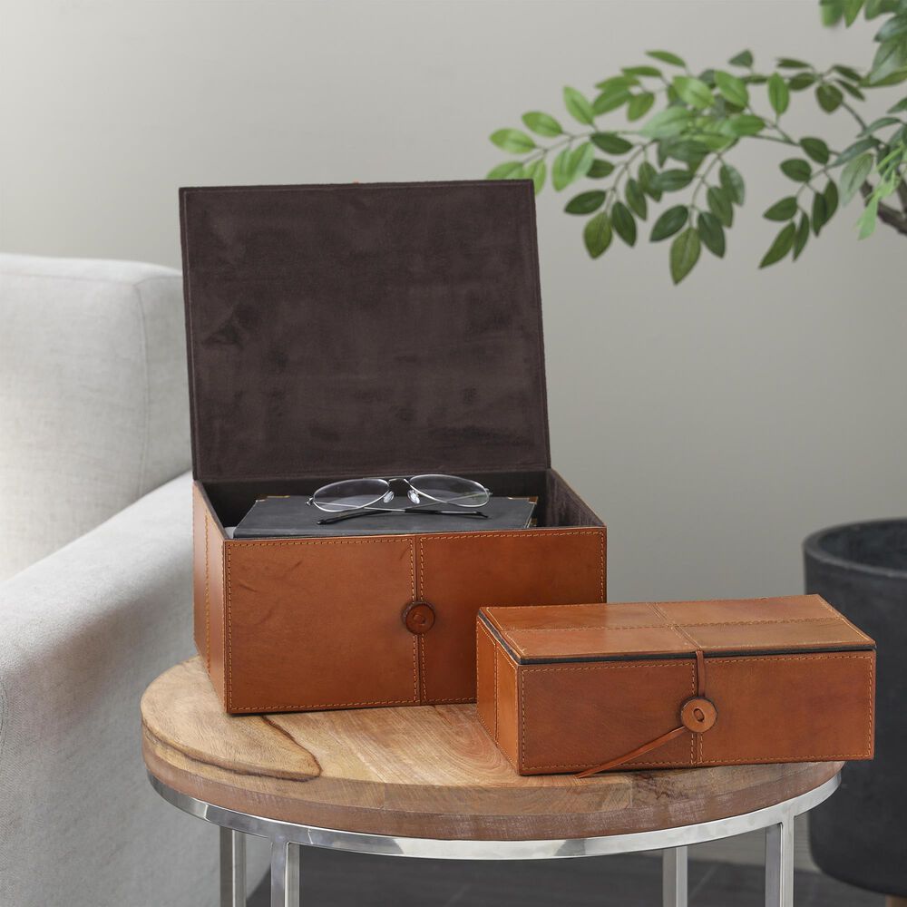 Maple and Jade 11.5&quot; 2-Piece Handmade Storage Decorative Box Set in Cognac Brown, , large