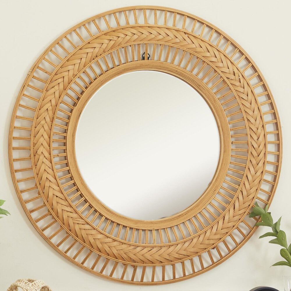 Maple and Jade 36&quot; Round Rattan Tribal Handmade Intricately Weaved Wall Mirror in Light Brown, , large