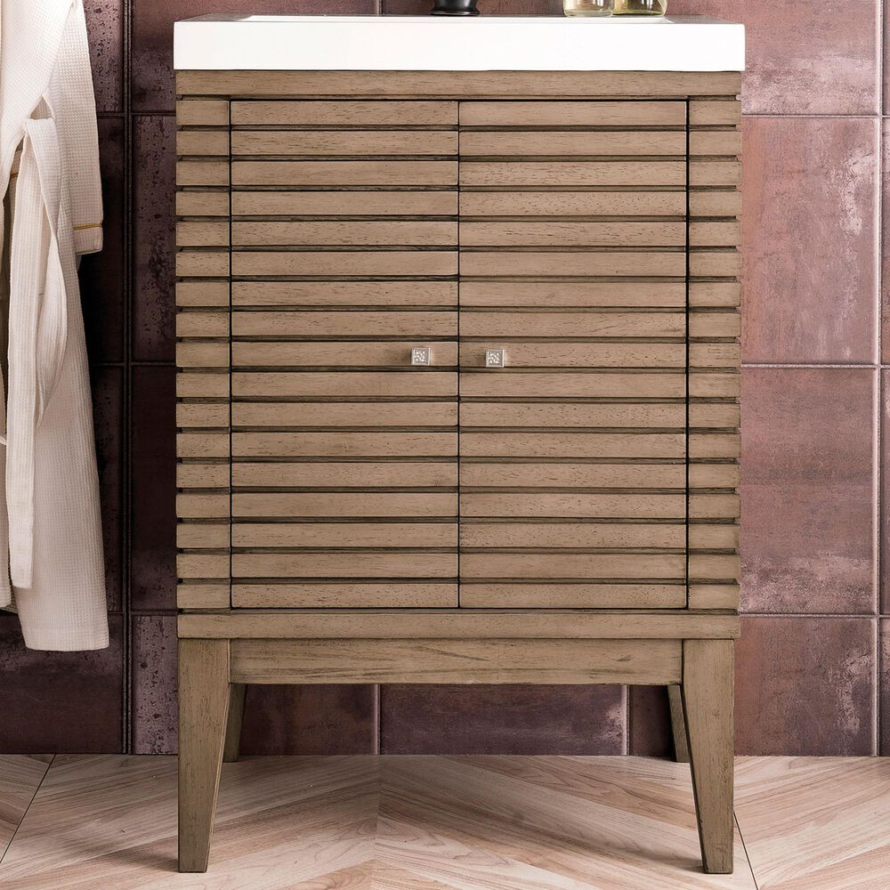 James Martin Vanities Linden 24&quot; Single Bathroom Vanity in Whitewashed Walnut with 5 cm White Glossy Resin Top and Rectangular Sink, , large
