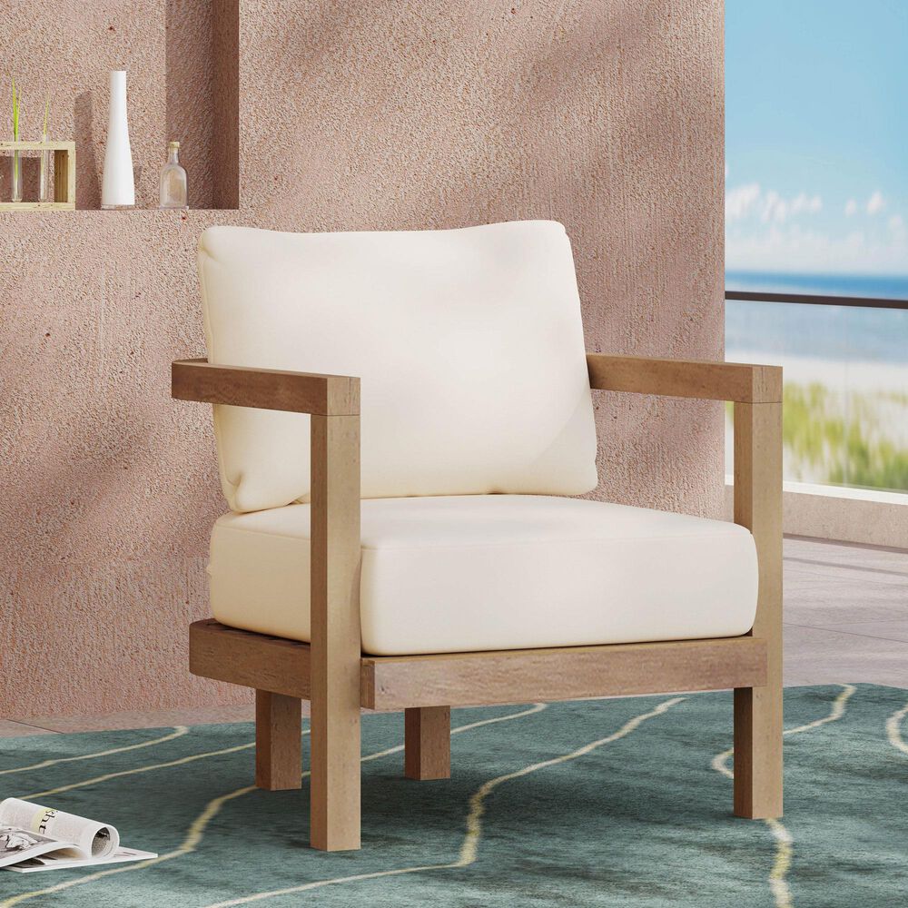 Hearth and Haven Outdoor Acacia Wood Club Chair with Open Back and Beige Cushions in Brown, , large