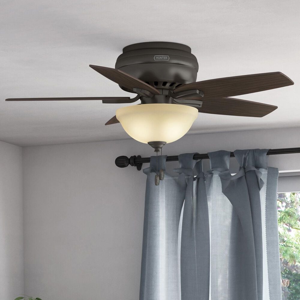 Hunter Newsome Low Profile 42&quot; Ceiling Fan with Frosted Amber Lights in Premier Bronze, , large