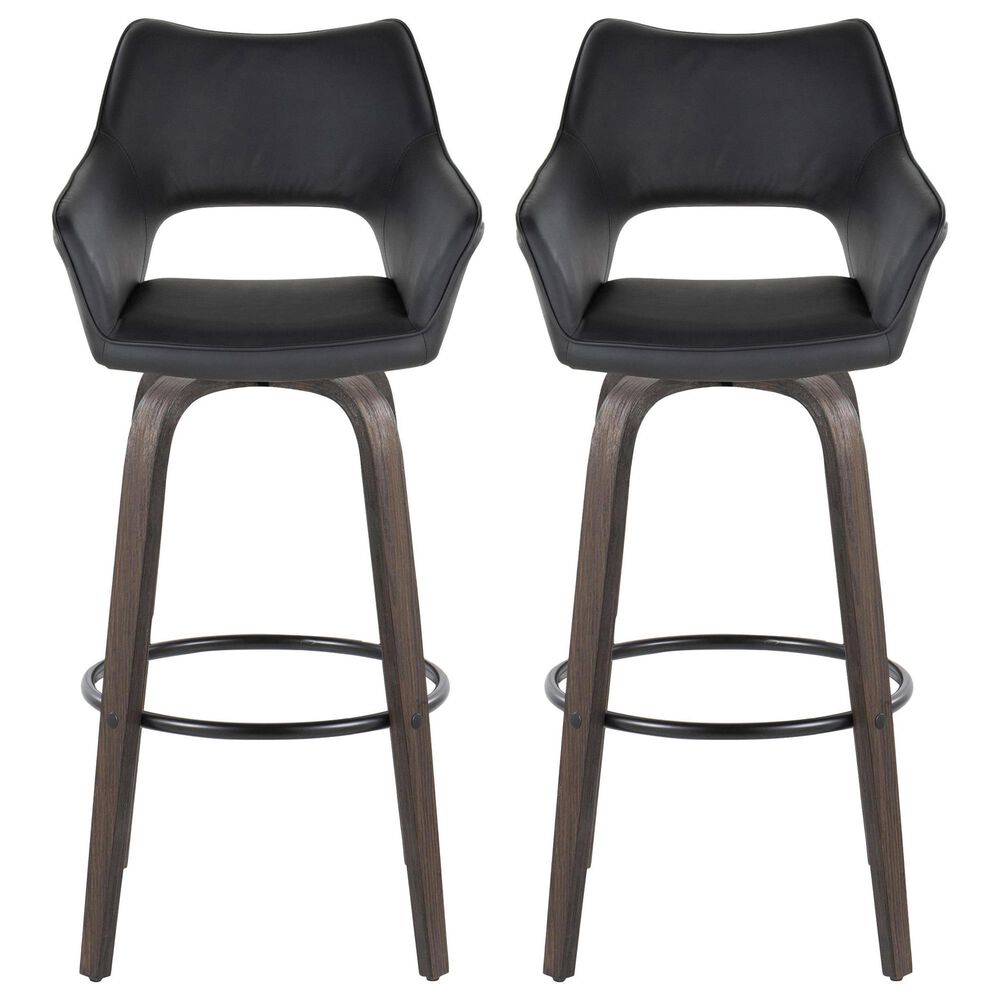 LumiSource Mustang 30" Swivel Bar Stool with Black Faux Leather Upholstery in Glazed Walnut and Black (Set of 2), , large