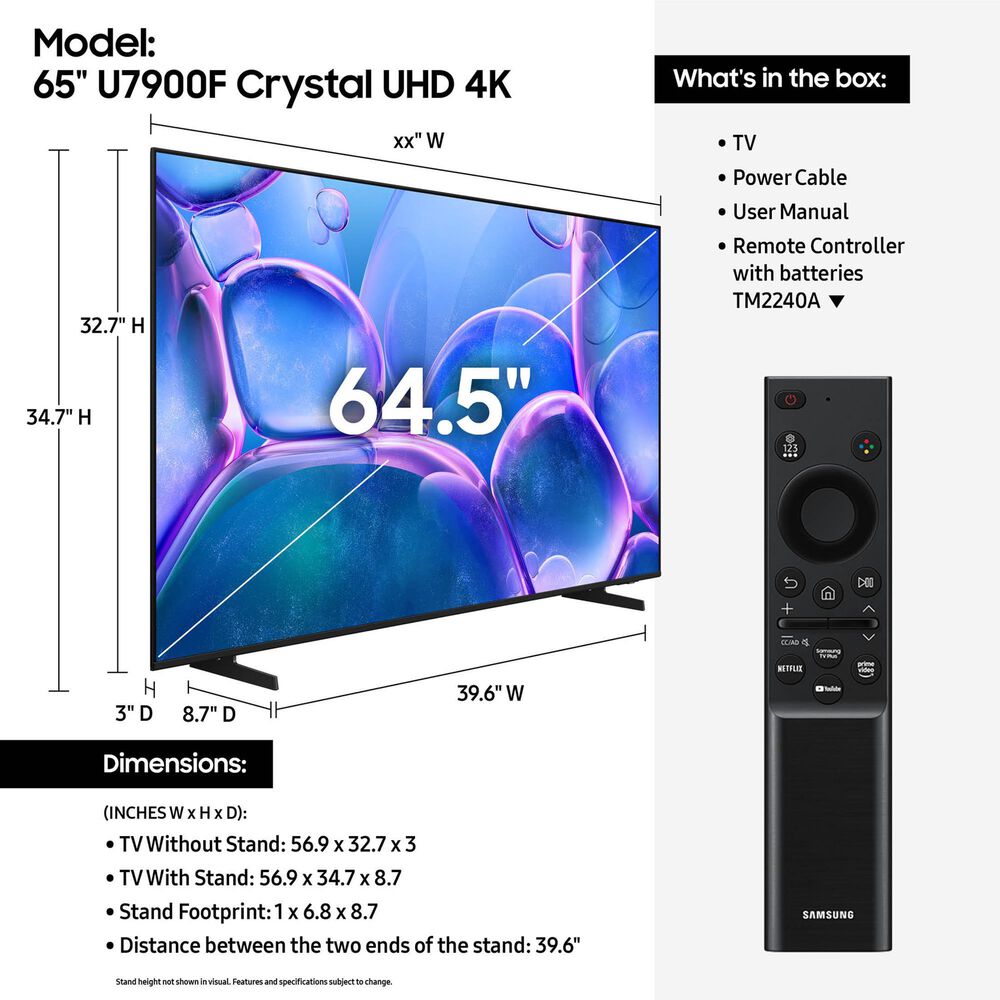 Samsung 65&quot; Class U7900F 4K Crystal UHD with HDR in Black - Smart TV, , large
