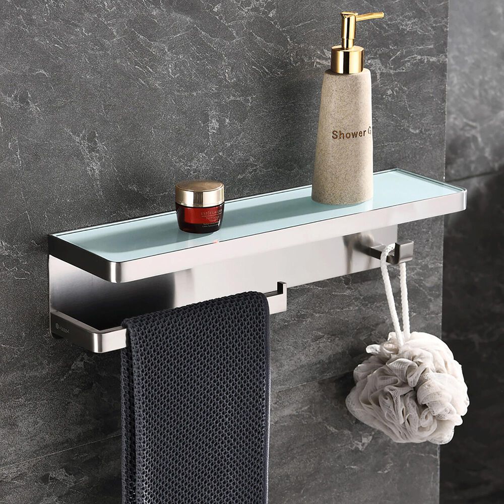Lexora Home Bagno Bianca Towel Bar and Robe Hook with Glass Shelf in Brushed Nickel and White, , large
