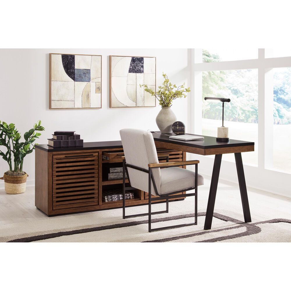 Ashley Kallari 67&quot; Credenza Desk with Return in Warm Brown and Matte Black, , large