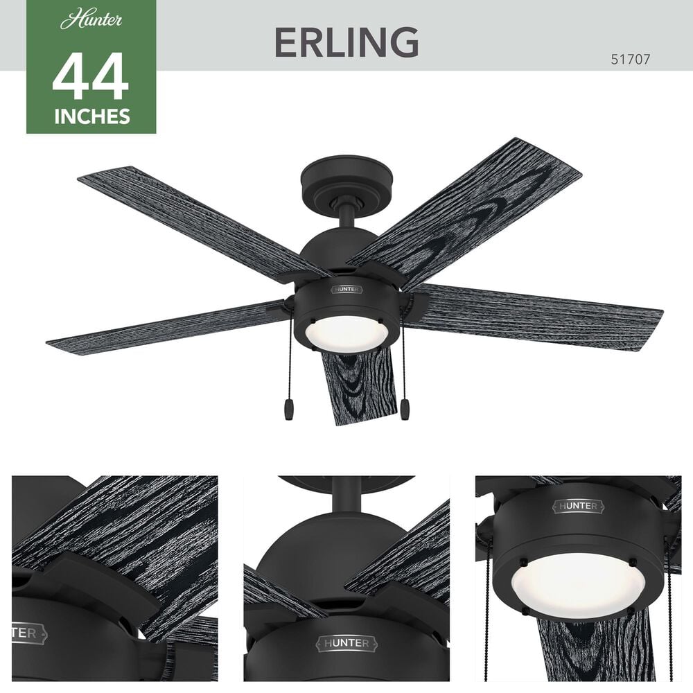 Hunter Erling 44&quot; Ceiling Fan with LED Light in Matte Black, , large