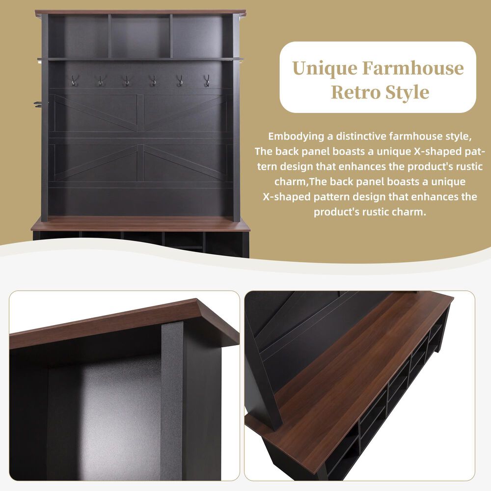 HOMLUX 6-Hook Hall Tree with 16-Compartment in Black and Walnut, , large