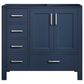 Lexora Home Jacques 36" Right Offset Single Bathroom Vanity in Navy Blue with 2 cm White Carrara Marble Top and Rectangular Sink, , large