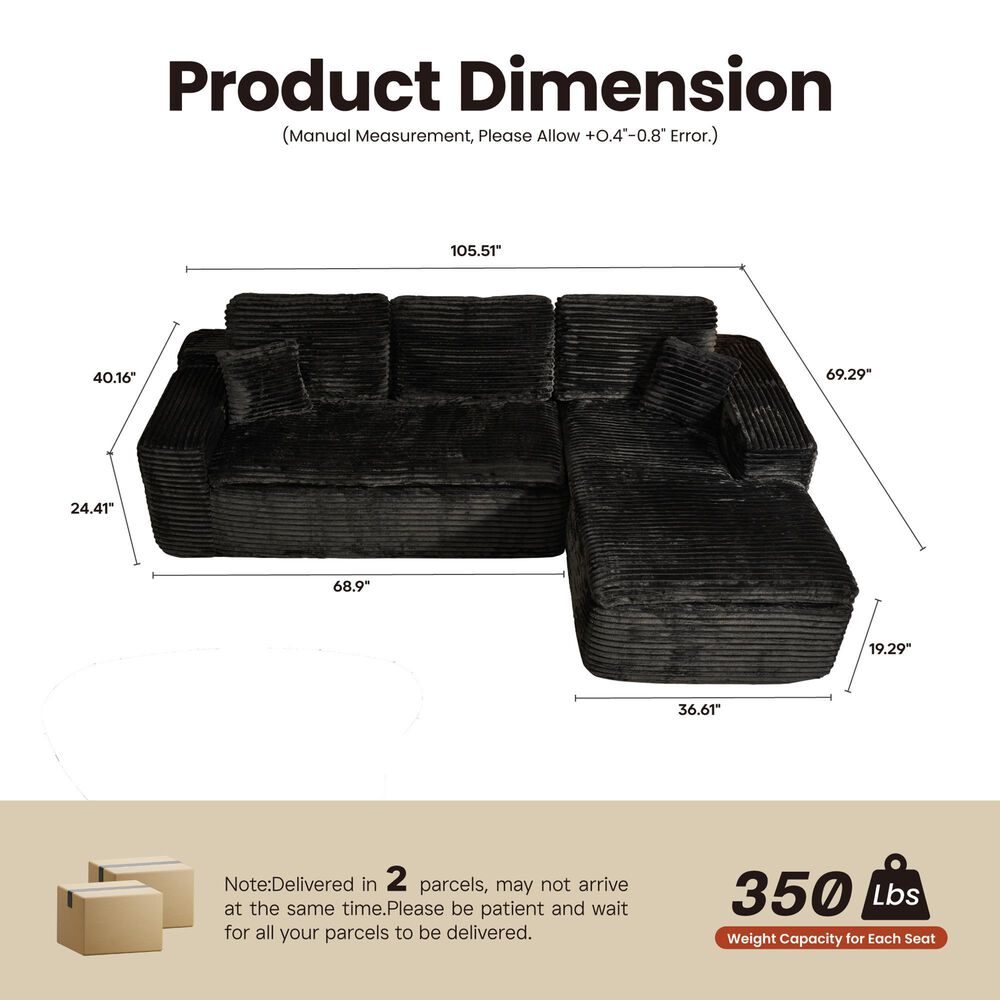 HOMLUX 105.5" Zero Assembly Sofa with Ergonomic Chaise Sectional in Black, , large