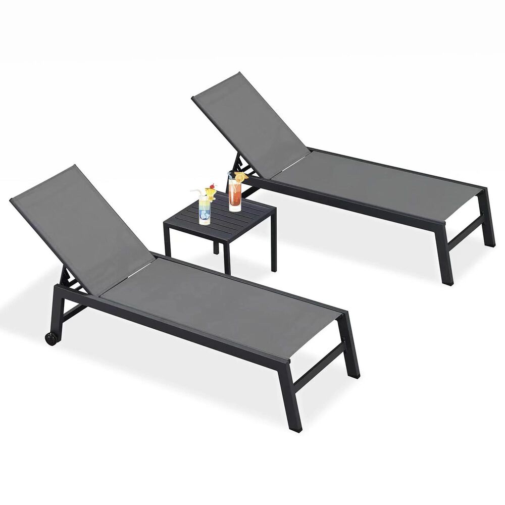 HOMLUX 3-Piece Patio Chaise Lounge Set with Wheels in Grey, , large