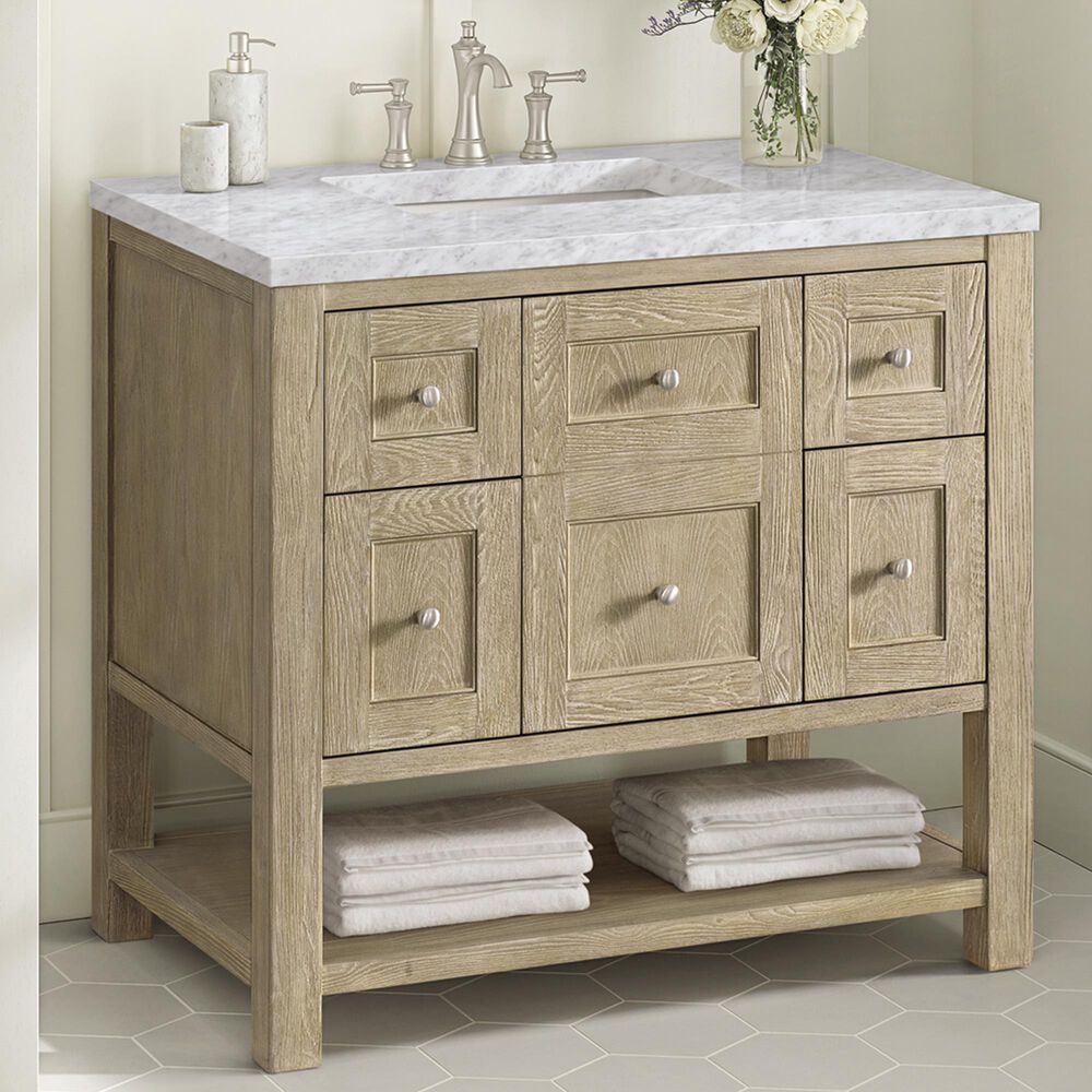 James Martin Vanities Breckenridge 36&quot; Single Vanity in Whitewashed Oak with 3 cm Carrara White Marble Top, , large