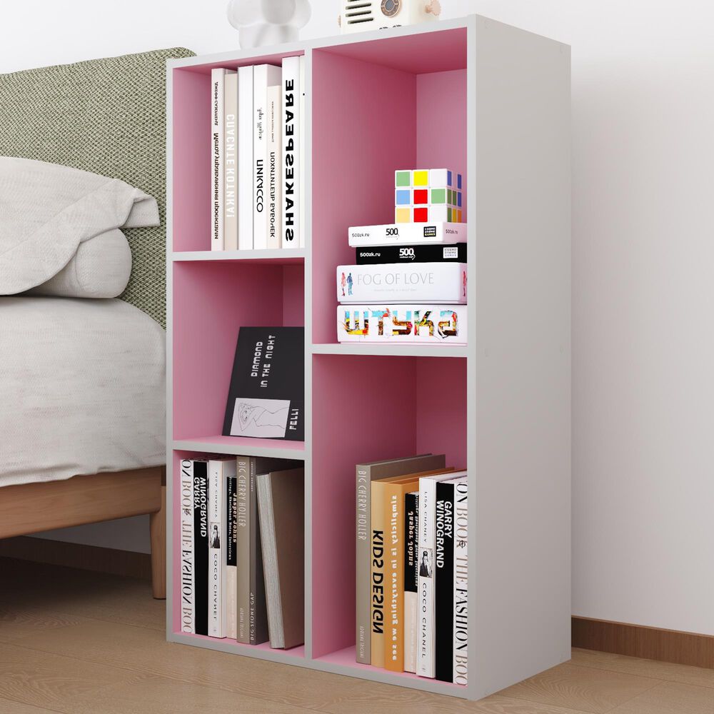 HOMLUX 5-Cube Reversible Storage Bookshelf in White and Pink, , large