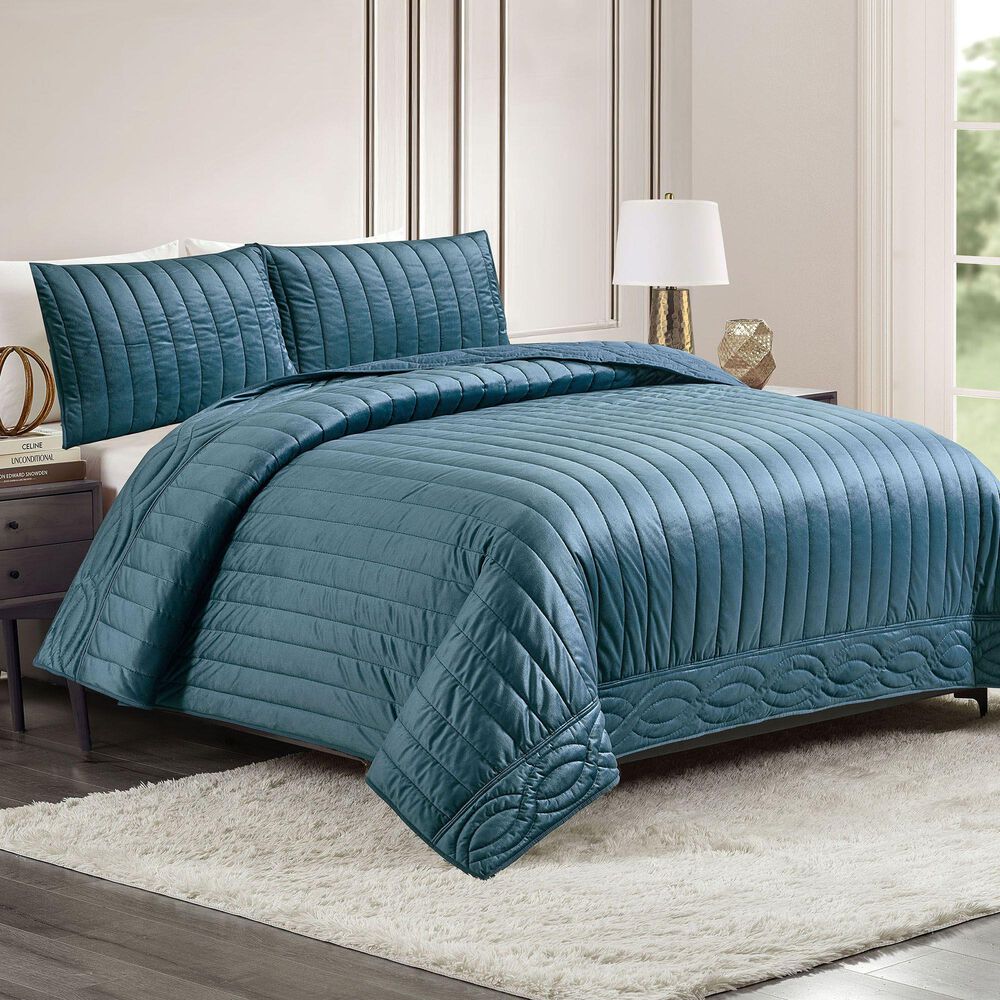 Peking Handicraft Velvet Cable Luxury 3-Piece Full/Queen Quilt Set in Blue, , large