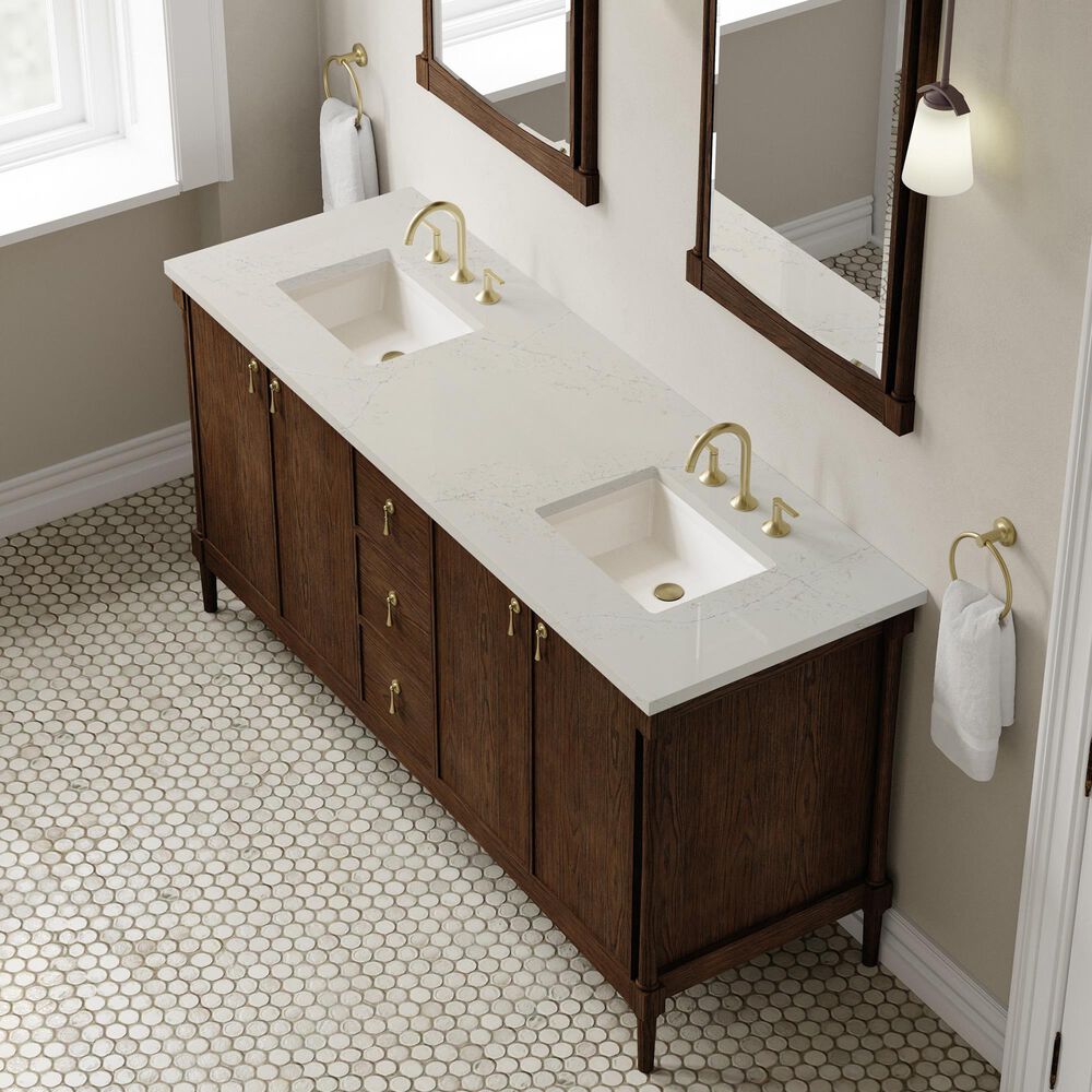 James Martin Kinnsden 72" Double Bathroom Vanity in Sable Oak with 3 cm Siberian Silestone Top and Rectangular Sinks, , large