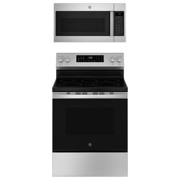 GE Appliances 2-Piece Kitchen Package with 5.3 Cu. Ft. Free-Standing Electric Range and 1.9 Cu. Ft. Over-The-Range Microwave in Stainless Steel and Black, , large