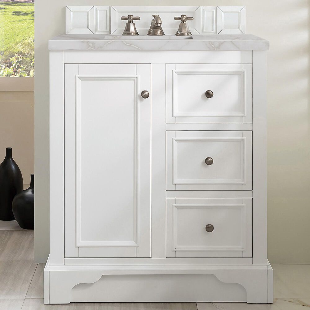 James Martin Vanities De Soto 30" Single Bathroom Vanity in Bright White with 3 cm Victorian Silver Quartz Top and Rectangular Sink, , large