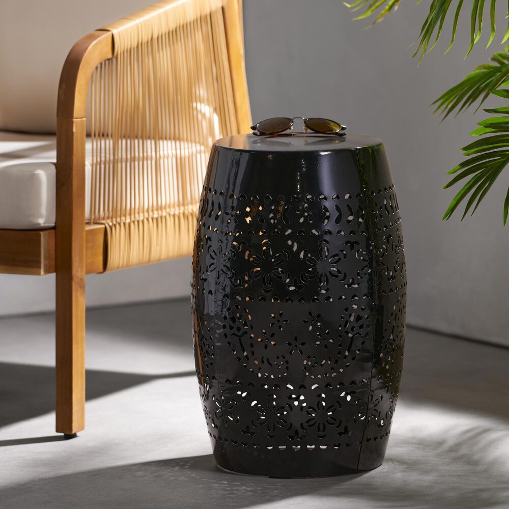 Hearth and Haven Ruby Outdoor Barrel End Table with Lace-Cut Design in Black, , large