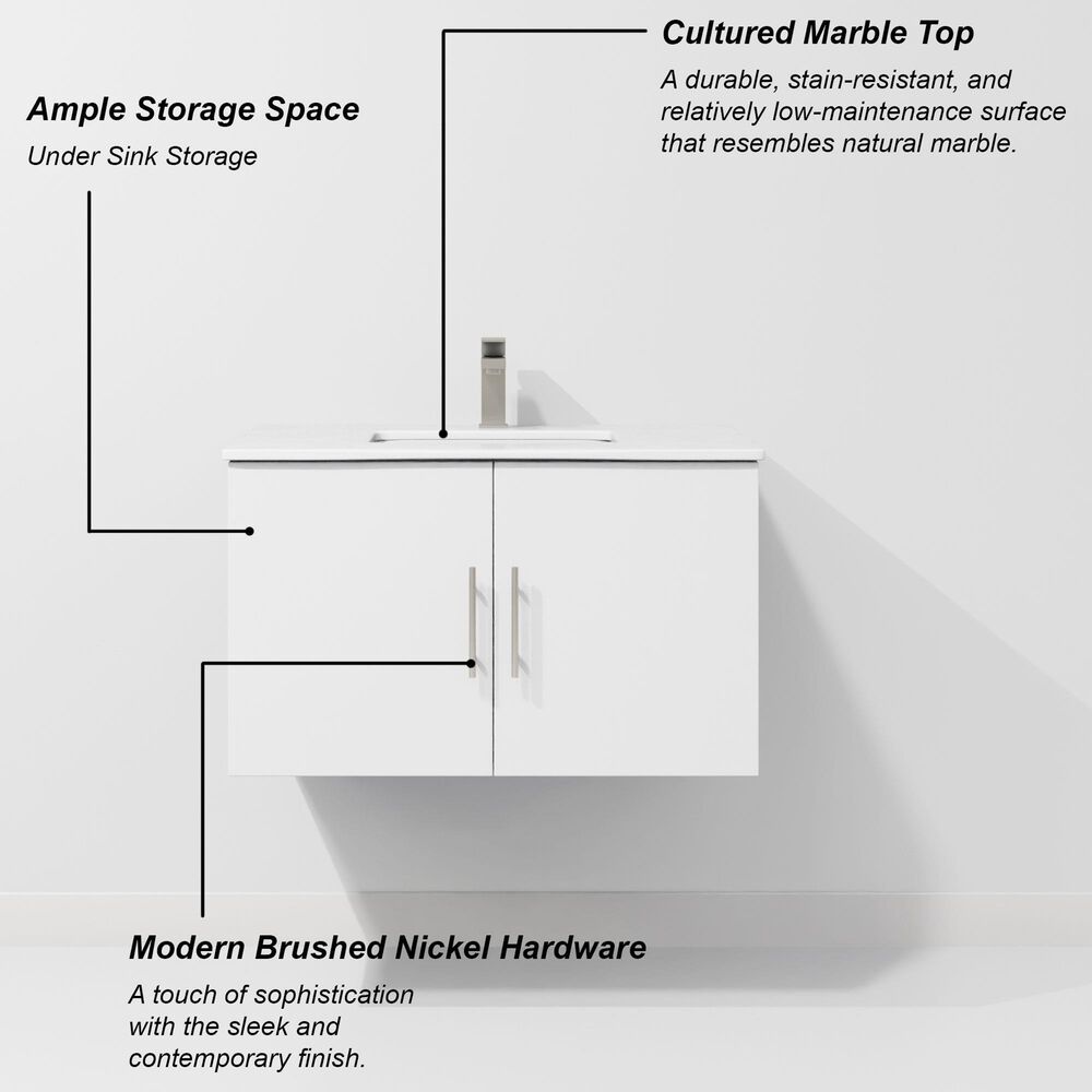 Lexora Home Geneva 30" Single Bathroom Vanity in Glossy White with 2 cm White Cultured Marble Top and Rectangular Sink, , large