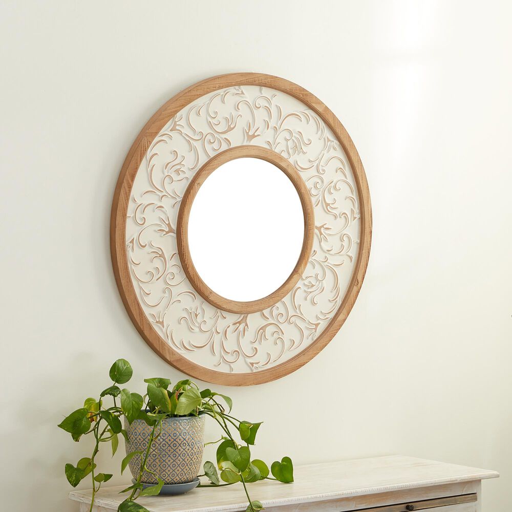 Maple and Jade 32&quot; Round Wall Mirror in Distressed White, , large