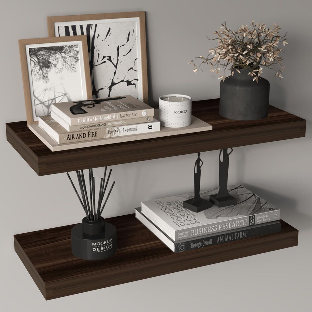 Hearth and Haven Ecco32" Floating Wall Shelf with Space-Saving Design in Dark Oak (Set of 2), , large