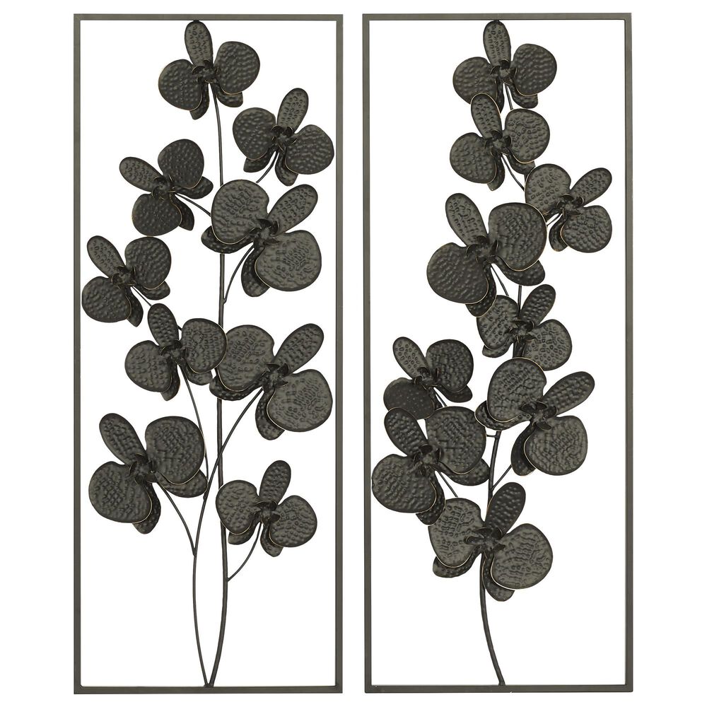 Maple and Jade 36" x 14" Contemporary Flowers Wall Decor in Black (Set of 2), , large