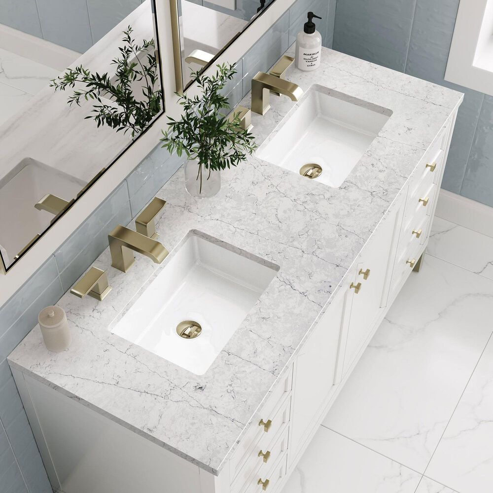 James Martin Vanities Chicago 60&quot; Double Bathroom Vanity in Glossy White with 3 cm Eternal Jasmine Pearl Quartz Top and Rectangular Sinks, , large