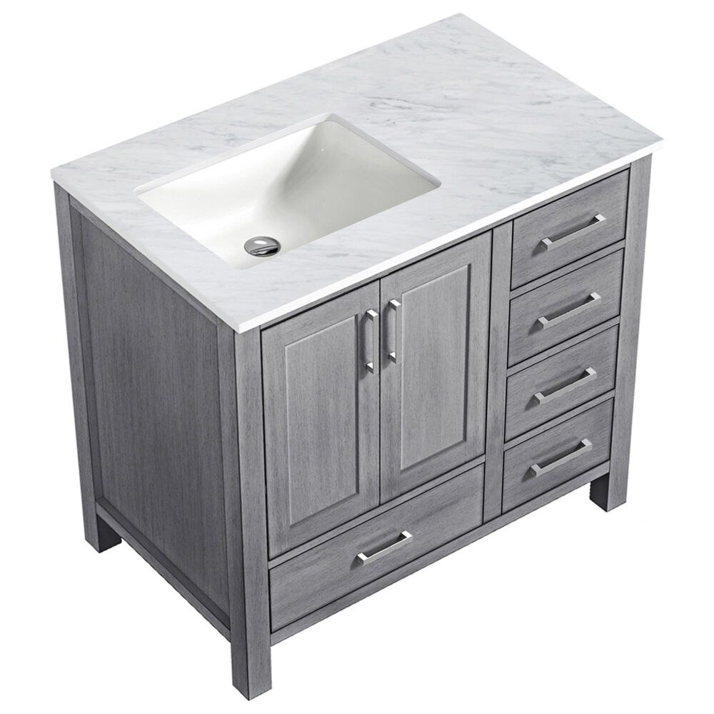Lexora Home Jacques 36" Left Single Bathroom Vanity in Distressed Grey with White Carrara Marble Top and Rectangle Sink, , large